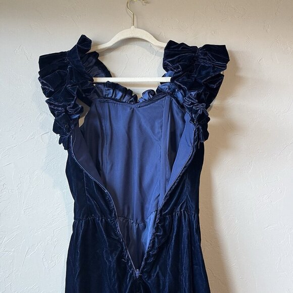 Vintage Velvet Blue Prom Event Evening Wedding Fancy Handmade Drop Waist Ruffle - Picture 7 of 7